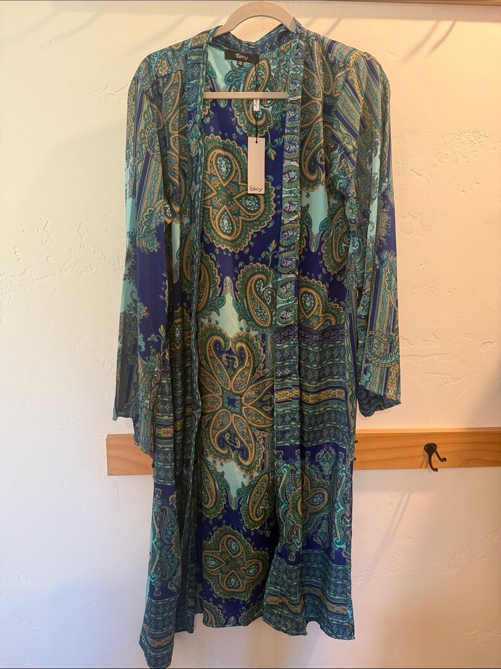 Sky Paisley Open-Front Kimono — Teal, Navy & Gold